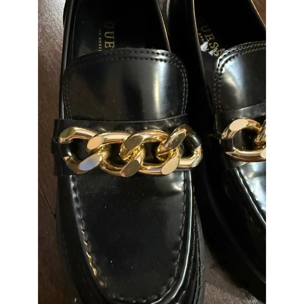 Guess Platform Lug Sole Loafers 7.5 Black Gold Chain Chunky Slip On Shoes retro